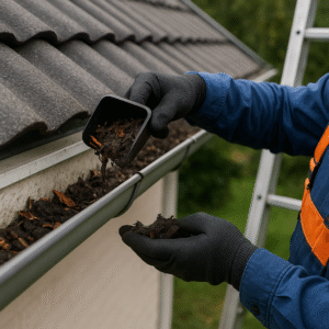 Technician removing debris during professional gutter cleaning service