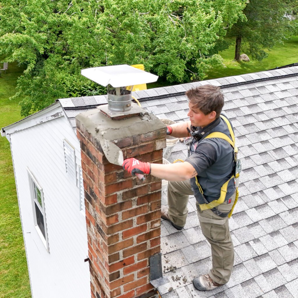 Technician repairing chimney crown and cement drip edge