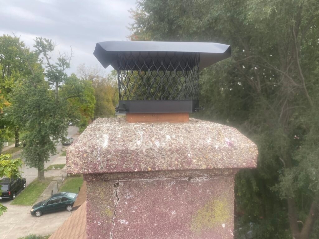 Black chimney cap installed on masonry chimney