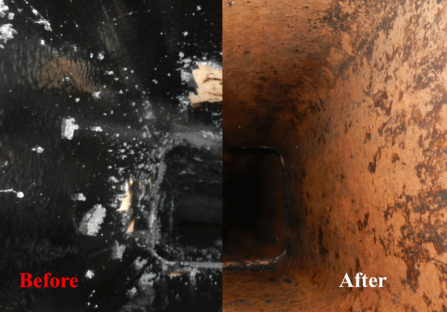 Before and after chimney flue cleaning showing creosote removal