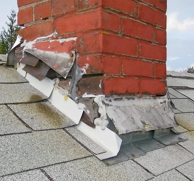 Damaged chimney flashing causing roof leak in South Bend Indiana
